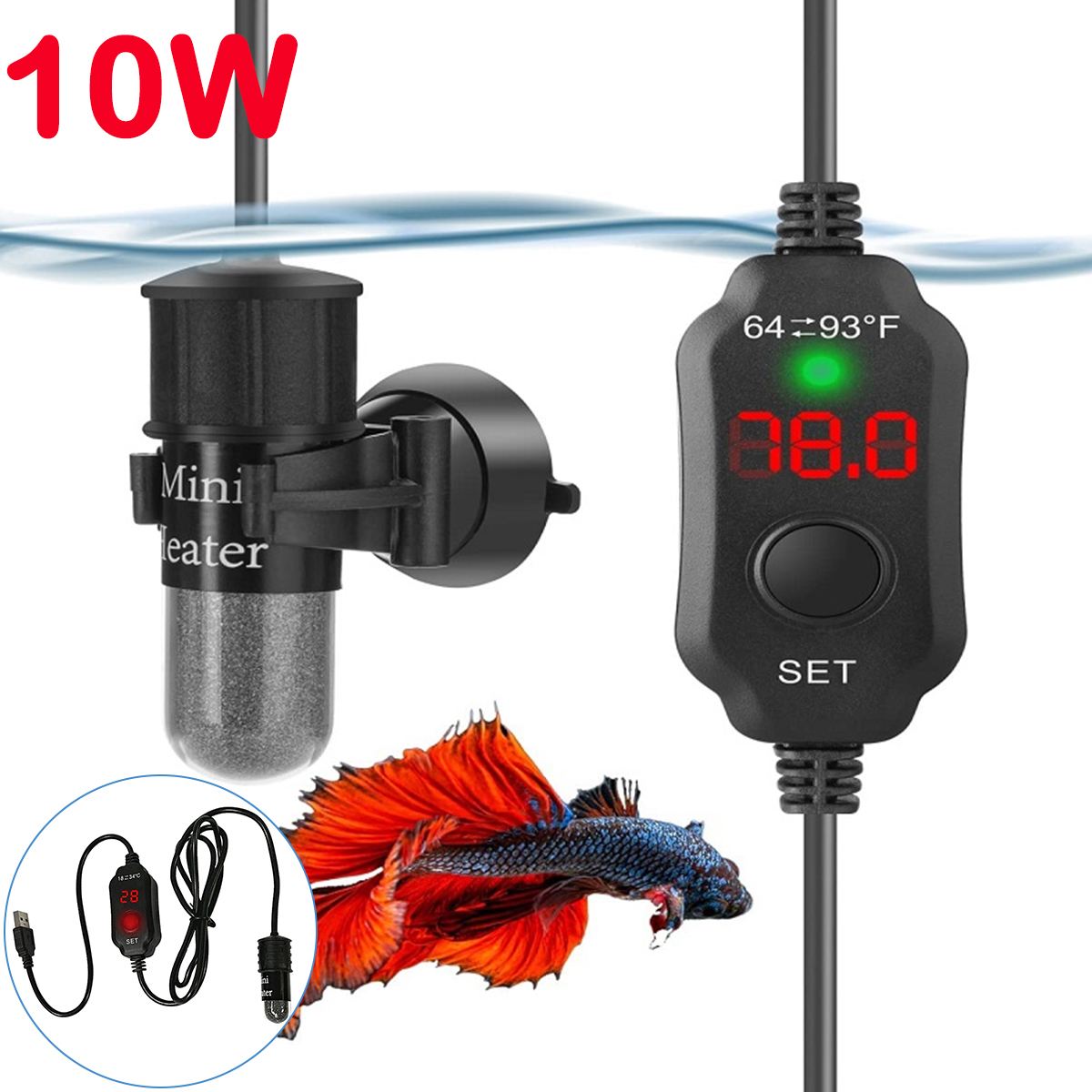 Fish Tank Heater - 10W verstelbare aquariumverwarmingsstaaf 18-34 ° C